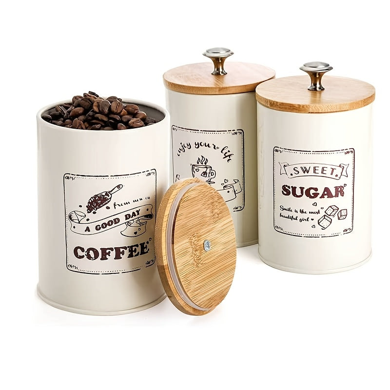 3 piezas/conjunto Cubiertas de frasco de mostrador de cocina, Cubiertas de frasco de cocina retro metálicas, Tres conjuntos, Cubiertas de frasco de café azúcar té, Frascos de almacenamiento de alimentos con tapas de bambú, Decoración de cocina de granja