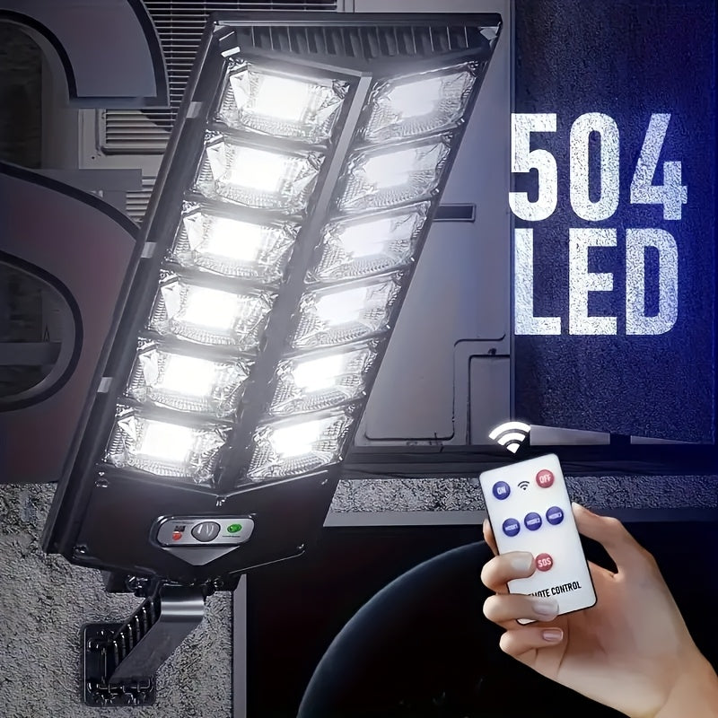 Juego de 1 lámpara solar con 504 LED súper brillantes, luz exterior con modo diurno y sensor de movimiento, ideal para patios, jardines, patios, aceras, campus y diversas iluminaciones exteriores