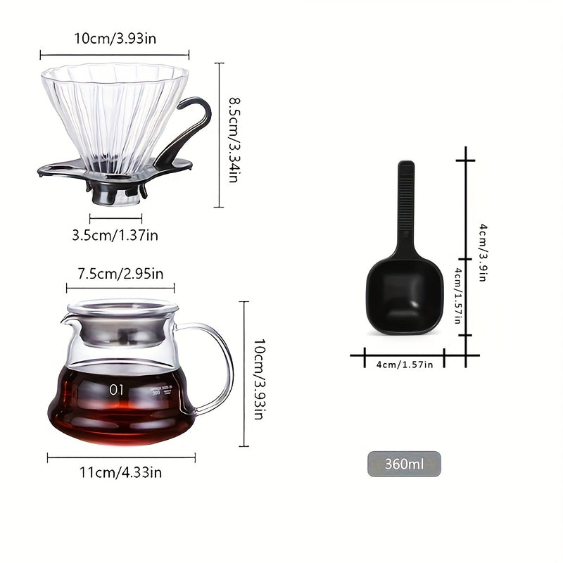 Juego de tres piezas de cafetera de vidrio de borosilicato resistente al calor, con taza de filtro con asa desmontable, cafetera de goteo transparente, adecuada para café preparado a mano, elección ideal para el hogar, oficina, cafetería, disponible en t