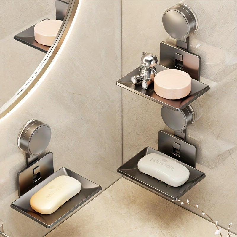 Porta jabón de pared, moderno y sencillo, color gris metálico, forma rectangular, con ventosa, para baño, ducha o inodoro, 1 unidad