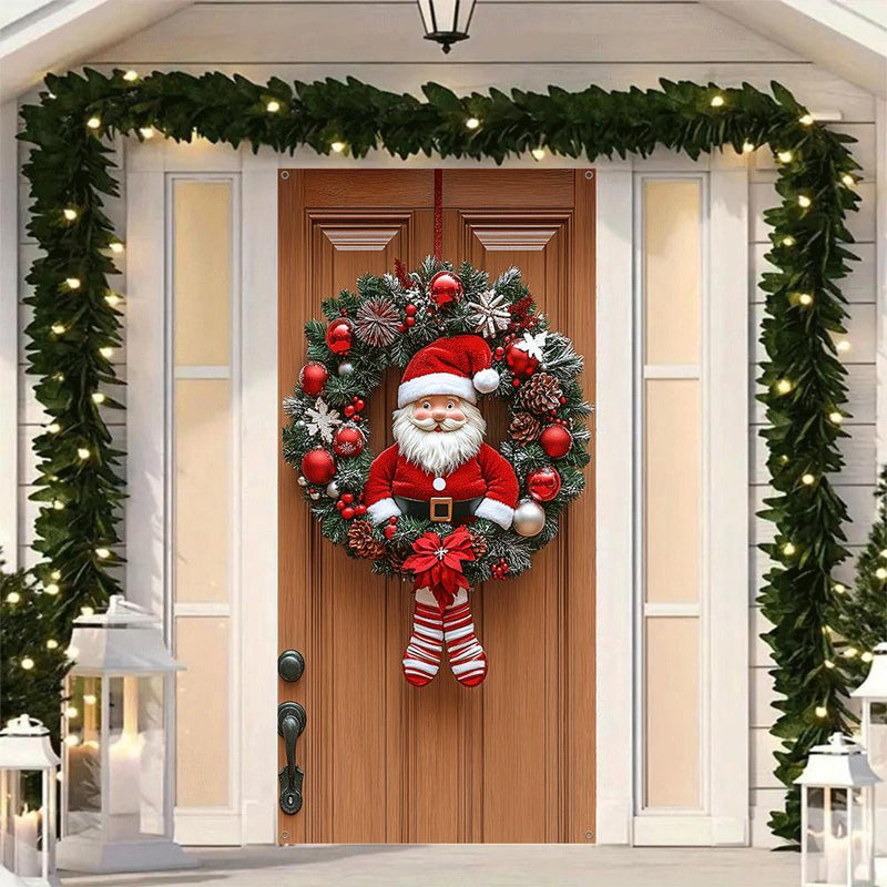 Decoraciones de Navidad - Elegantes cortinas de puerta de Navidad con corona de Papá Noel, decoraciones festivas para porche, material de poliéster, estilo contemporáneo, lavables a máquina, adecuadas para varios tipos de habitaciones.
