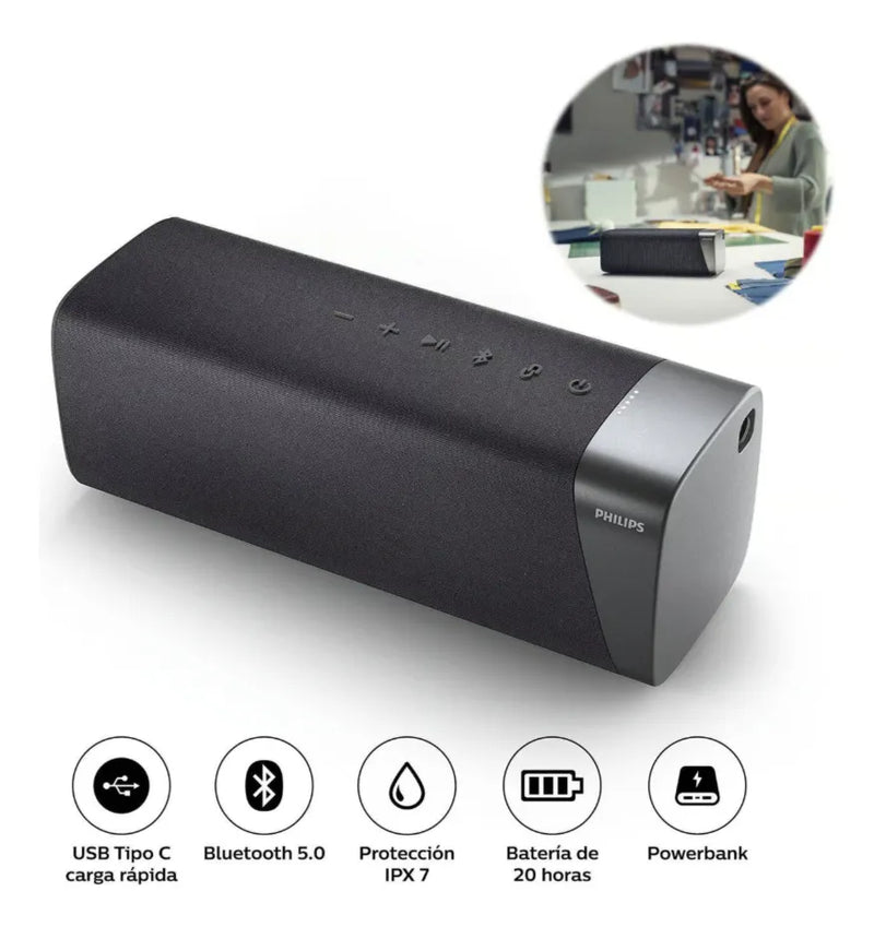 Kit Estéreo 2 Parlante Inalámbrico Philips Tas7505, 60w Ipx7 Negro
