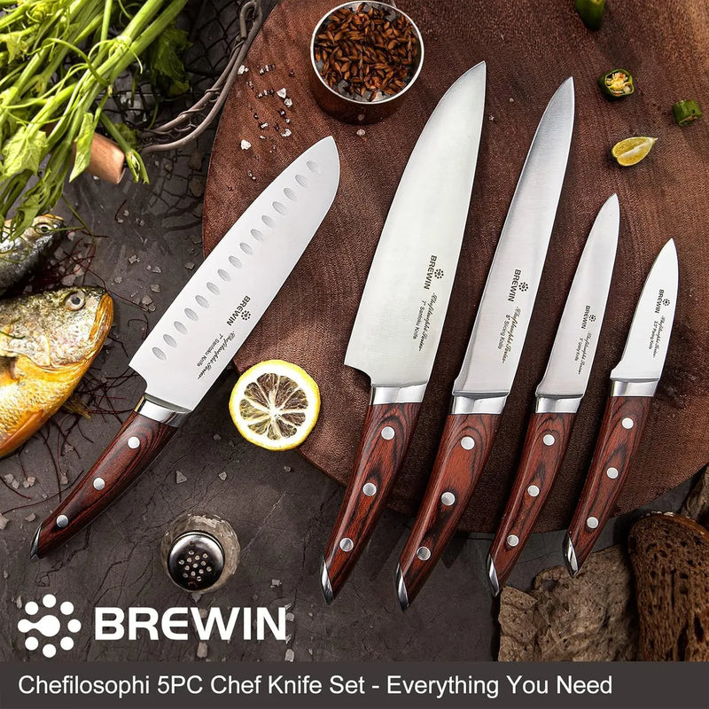 Set 5 Cuchillos Profesionales En Acero Inoxidable Japoneses Pakka Wood