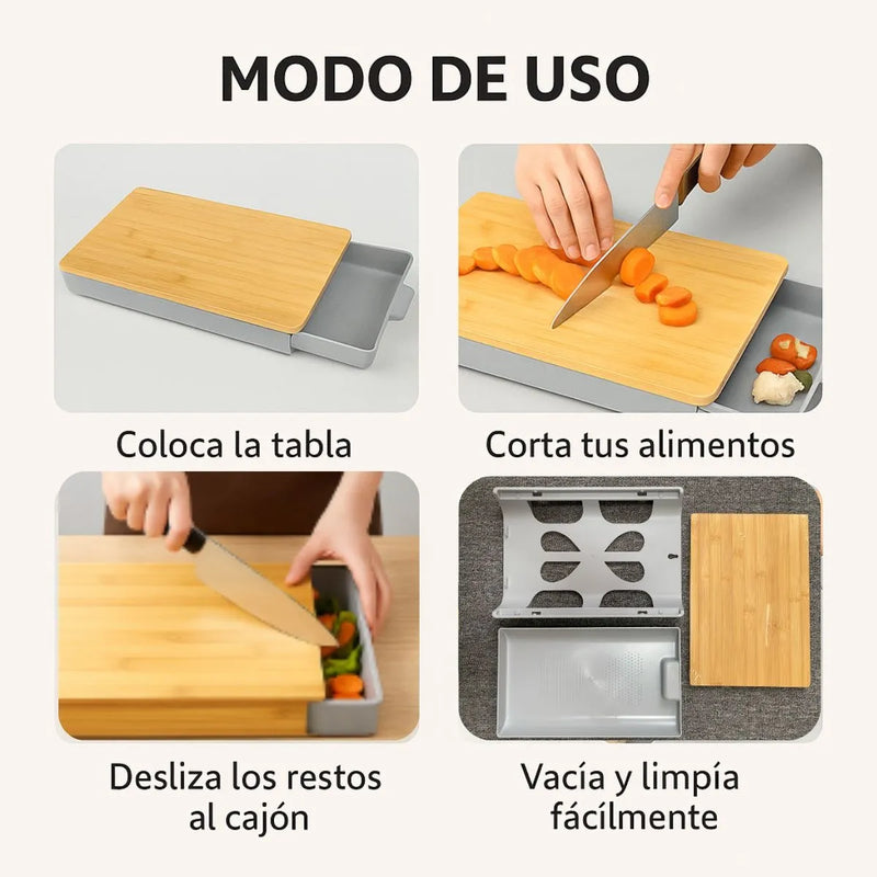Tabla Bambú Cortar Verduras Bandeja Extraíble Multifuncional Lisa