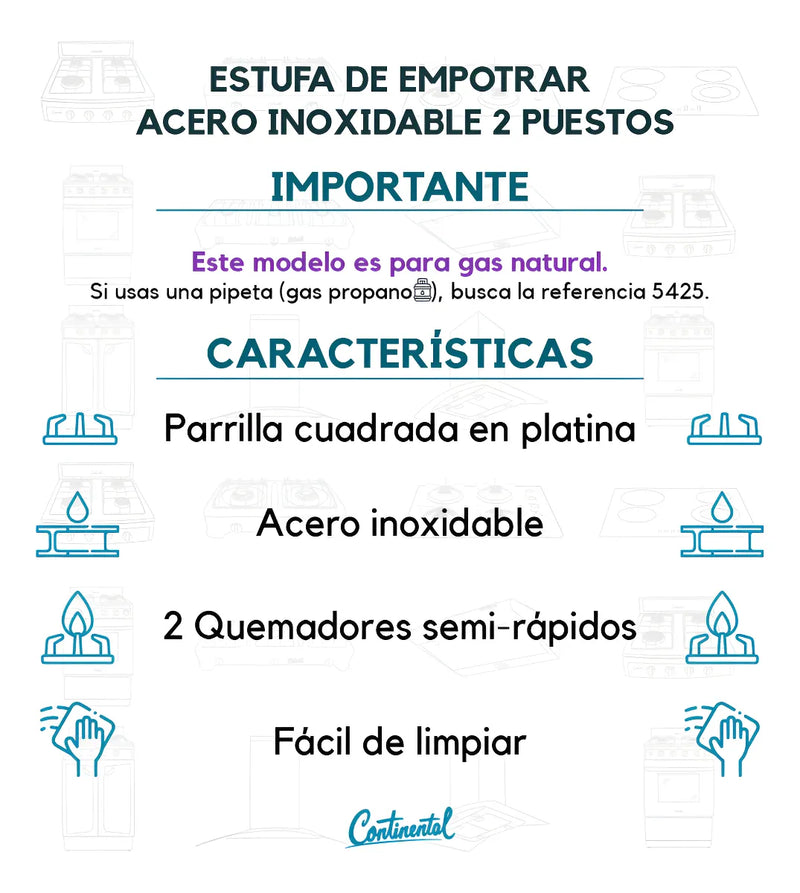 Estufa De Empotrar Acero Inoxidable 2pt Gas Natural 5432 Color Gris