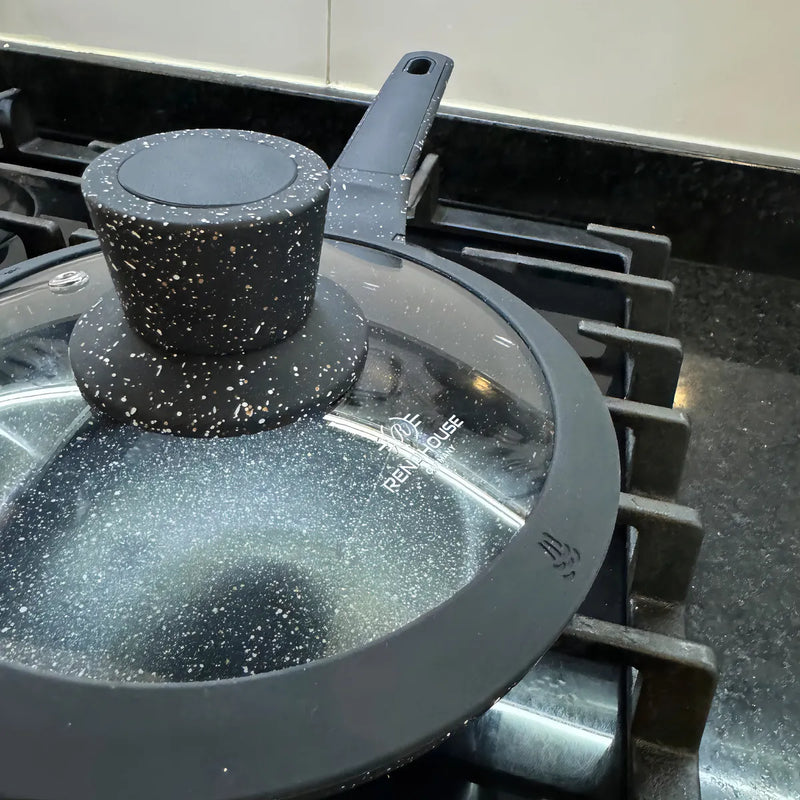 Sartén Antiadherente En Mármol Tapa De Vidrio 18cm Renahouse Color Negro