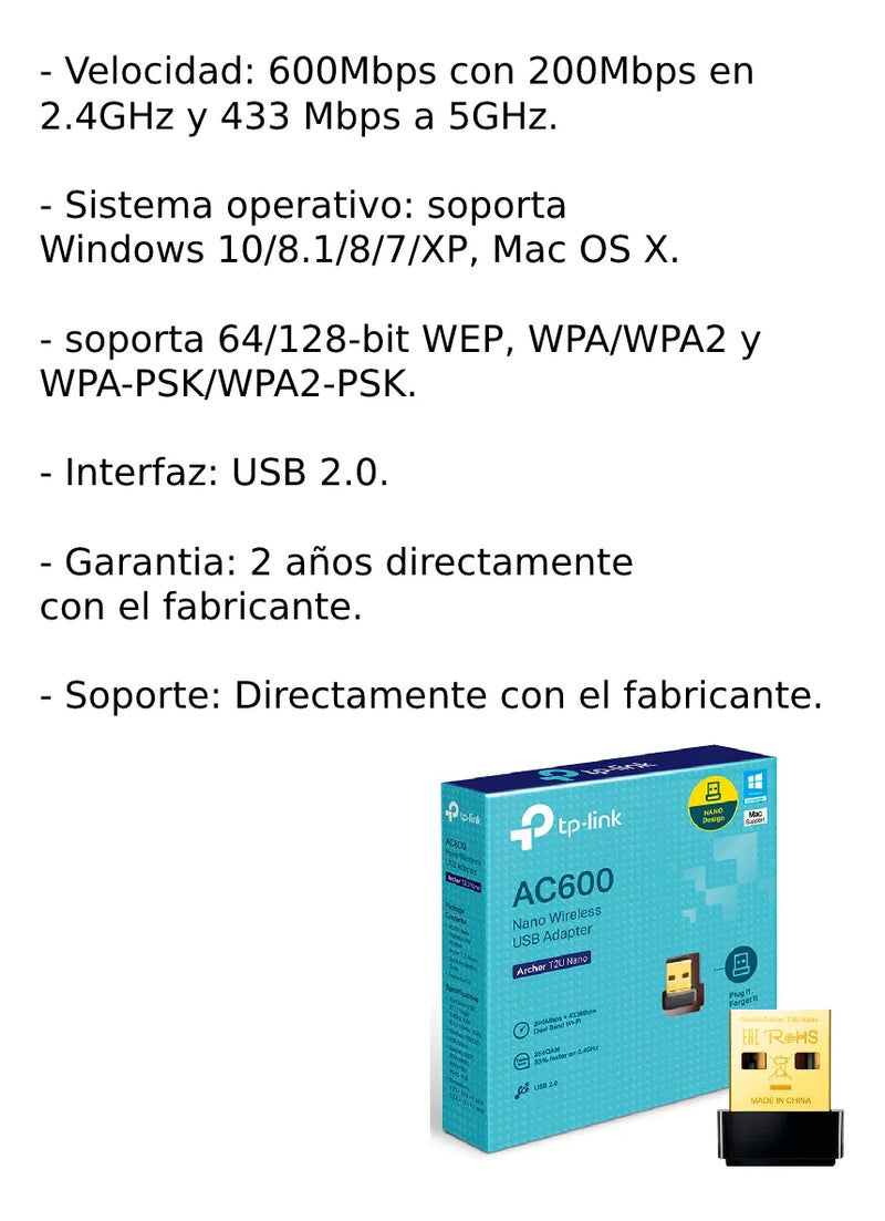 Adaptador De Red Tp-link Wifi Usb Banda Dual Archer T2u Nano Negro