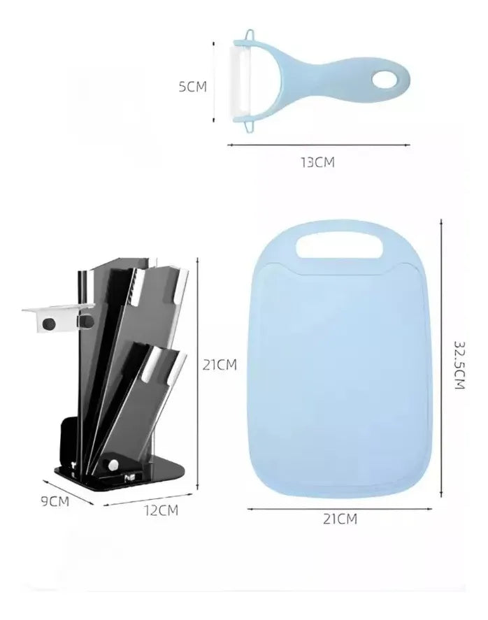 Set Cuchillos Tabla Pelador Tijeras De Cocina Azul/verde/negro