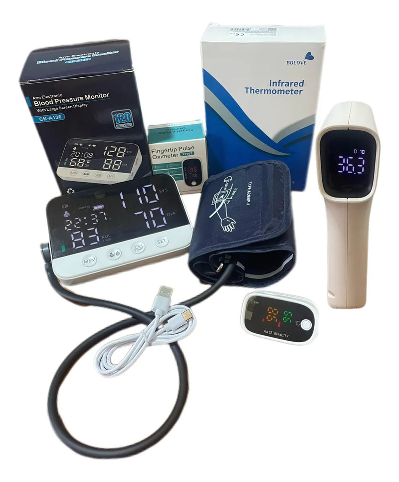 Kit De Salud Tensiómetro Recargable+termómetro+oximetro Blanco Con Negro