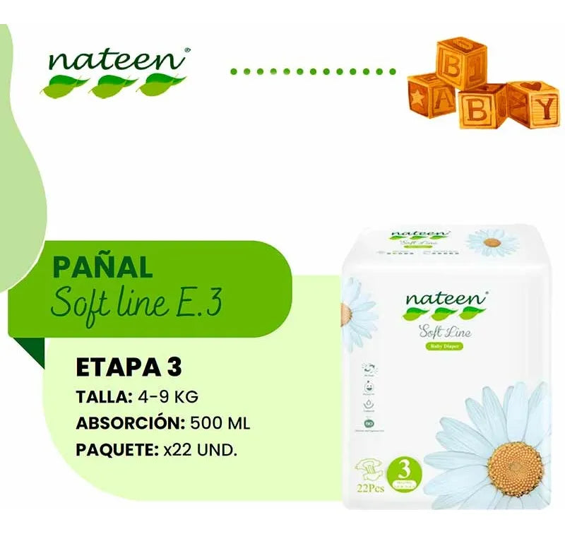 Pañal Nateen Baby Soft Line Et. 3 Paq X 22 Unds + Toallitas Pequeño (p)