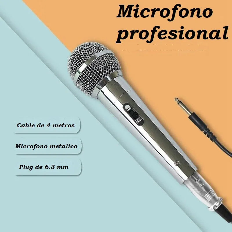 Microfono Profesional Metalico, Cable De 4 Metros Plug 6.3mm Plateado