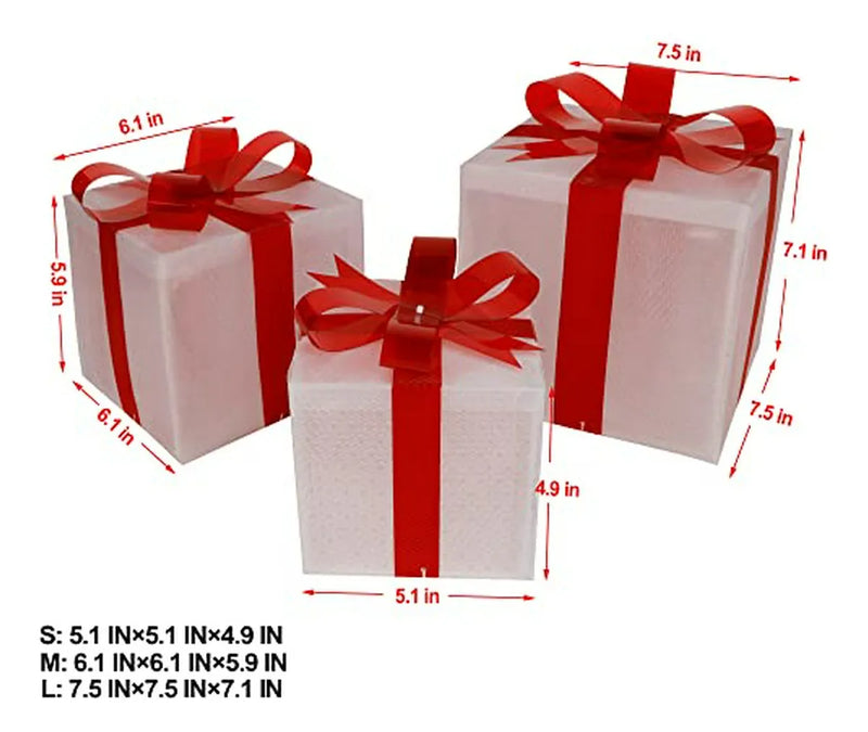 Set De 3 Cajas Decorativas Navideñas Con Luces Led Y Lazos R