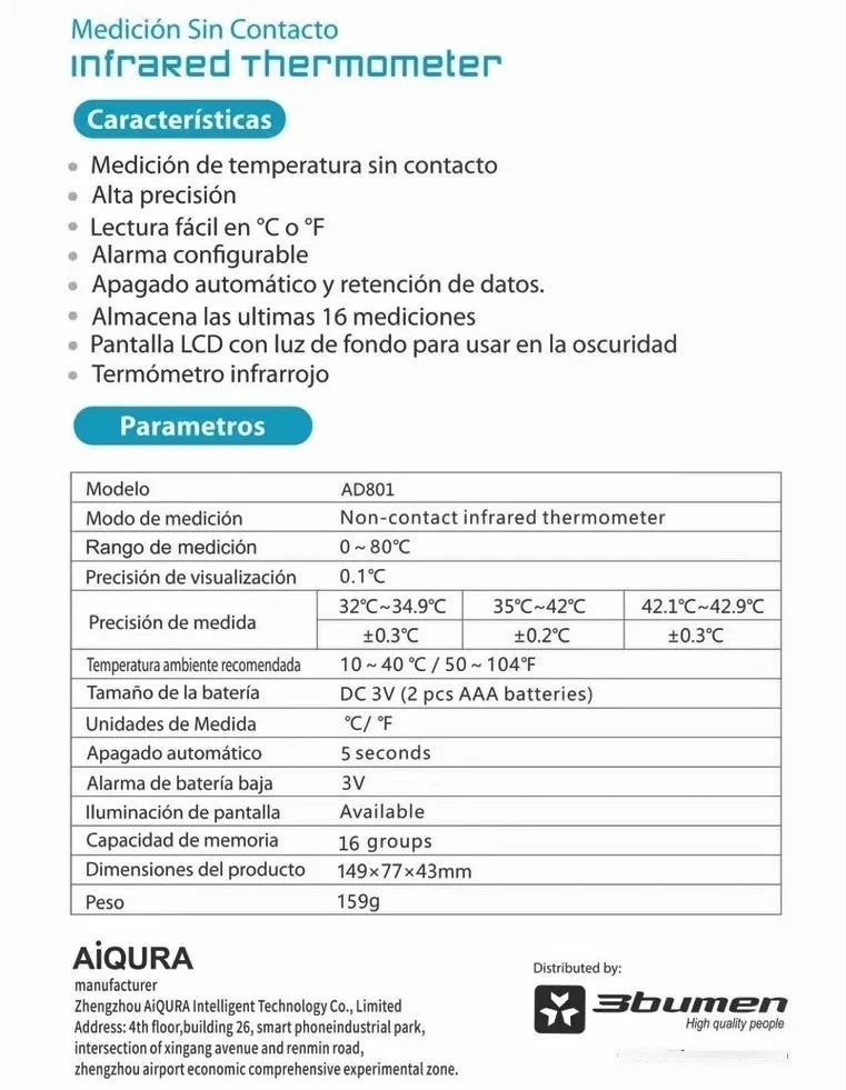 Termómetro Infrarrojo Digital 3bumen, Reg. Invima / Envío Ya