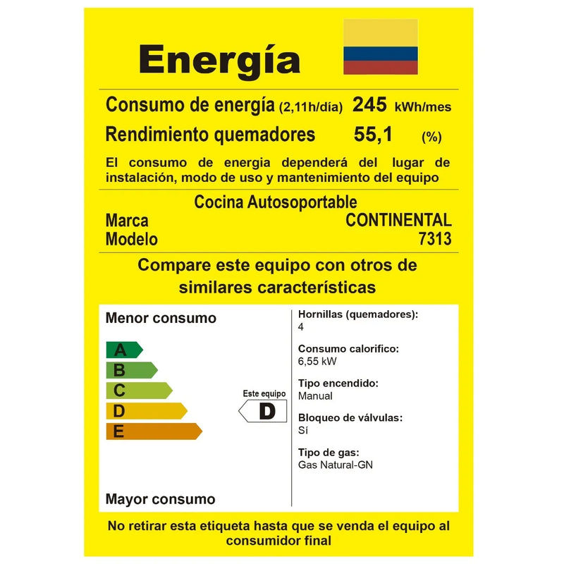 Estufa Continental Con Gabinete Gas Natural 7313 Color Negro