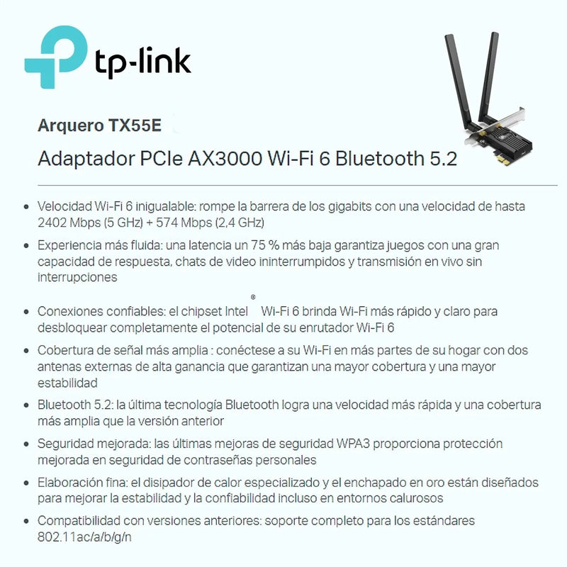 Tarjeta Pcie Wifi 6 Ax3000 + Bt 5.2, Tp-link Archer Tx55e