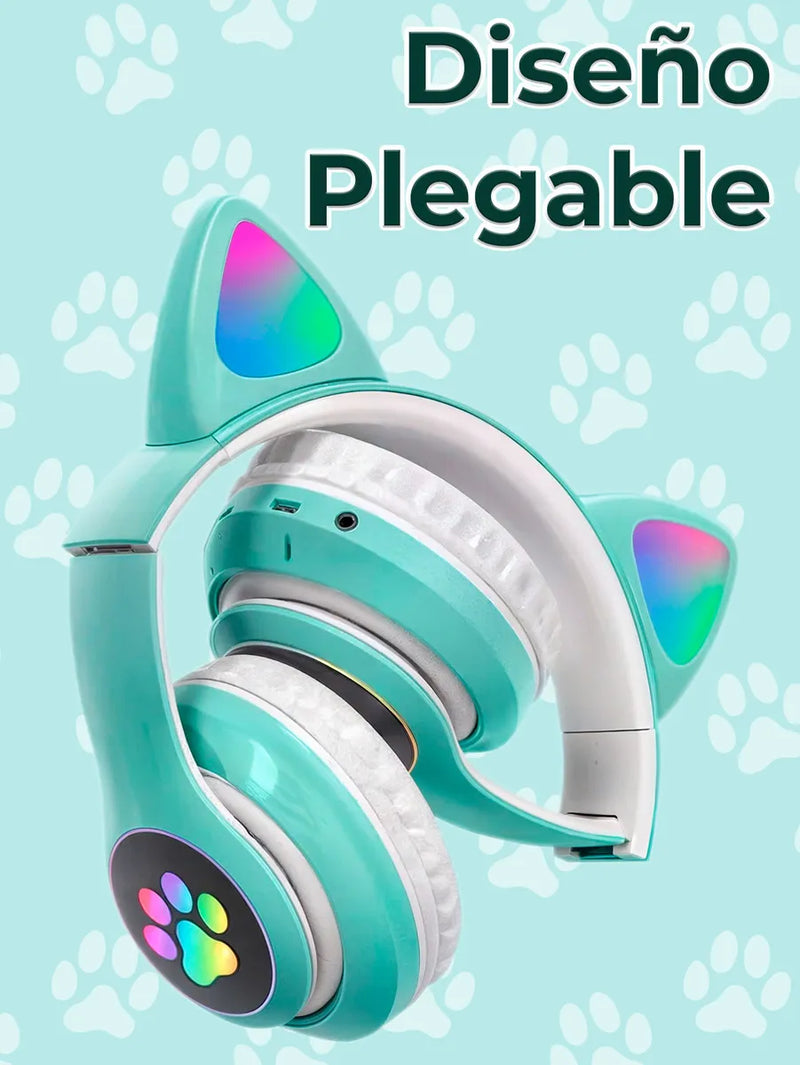 Audifonos Led Inalambricos Gato Diadema Luz Bluetooth Musica Color Verde