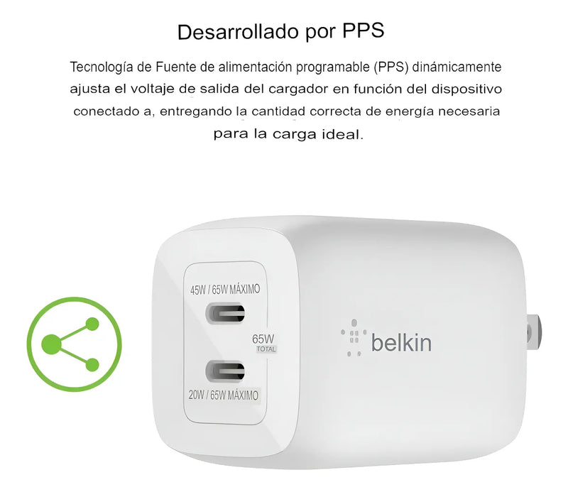 Cargador Pared Dual Belkin Usbc 65w Color Blanco
