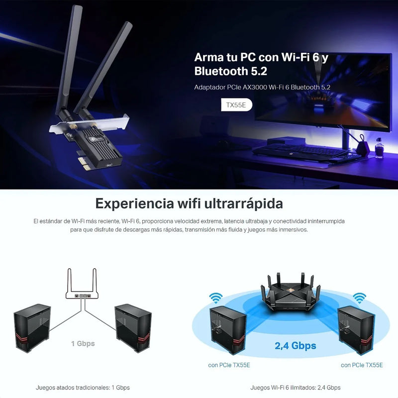 Tarjeta Pcie Wifi 6 Ax3000 + Bt 5.2, Tp-link Archer Tx55e