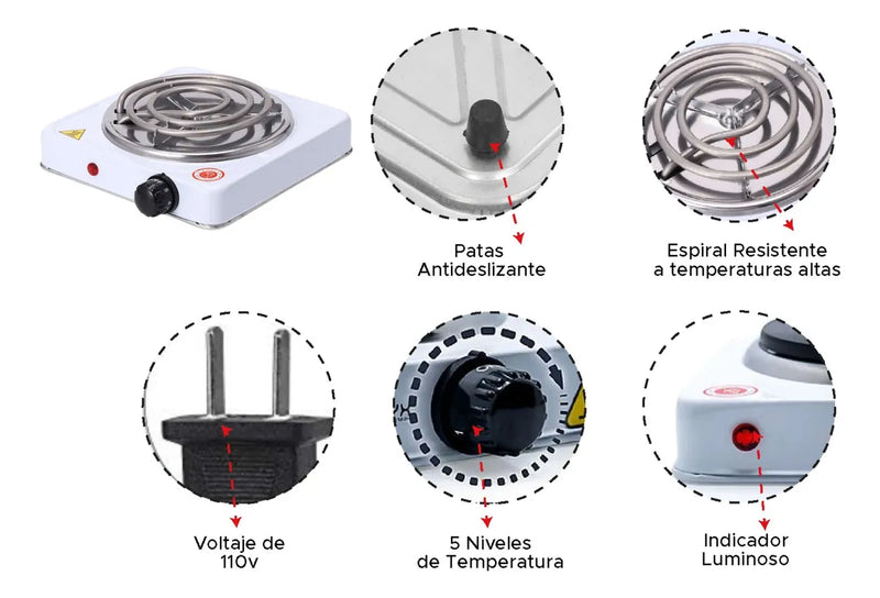 Cocina Electrica Hornilla Estufa Espiral 1 Puesto 1000 W Blanco