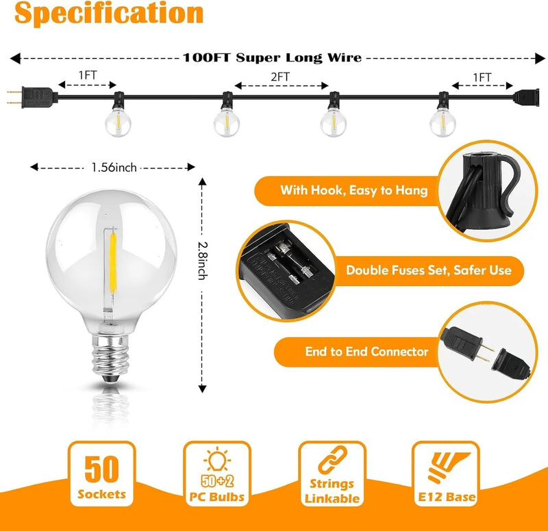 Guirnalda Extensión Luces Led Exterior Jardín 30mt 50bombill Amarillo