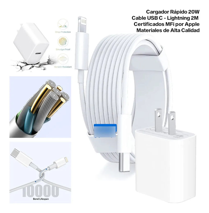 Cargador Certificado Para Iphone 2 Metros Carga Rapida 20 W Blanco