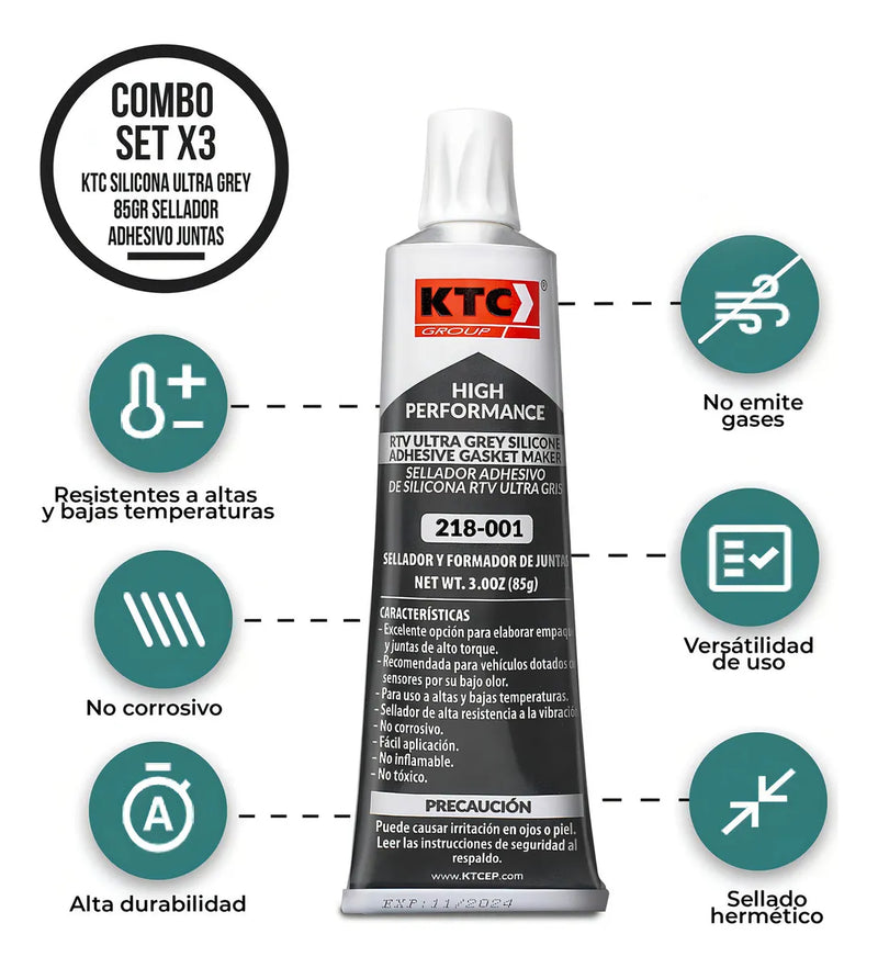 Set X3 Silicona RTV Ultra Grey 85Gr KTC, No Corrosivo, Resistente a 343°C, Ideal para Aplicaciones Mecánicas, Alta Durabilidad y Adhesión.