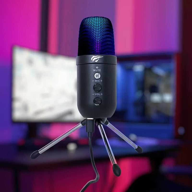 Micrófono USB para videojuegos Havit Gk51 Rgb cardioide negro para escritorio