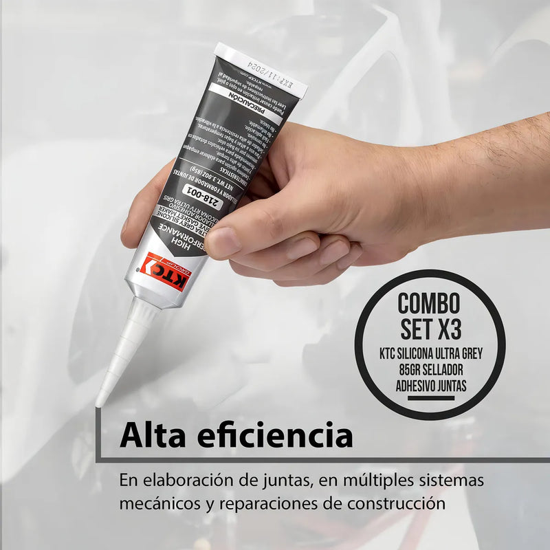 Set X3 Silicona RTV Ultra Grey 85Gr KTC, No Corrosivo, Resistente a 343°C, Ideal para Aplicaciones Mecánicas, Alta Durabilidad y Adhesión.