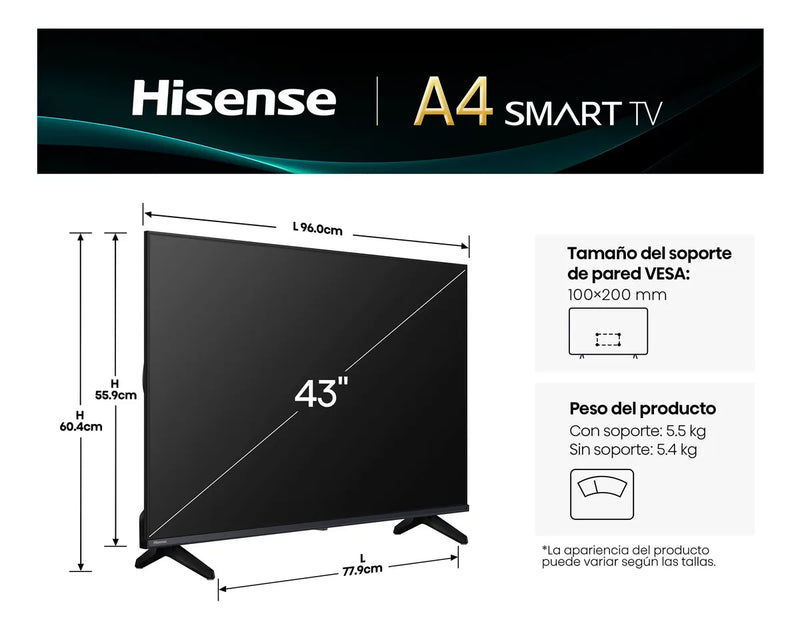 Tv Hisense Fhd 43 Smart Negro 43a4nv