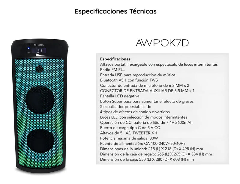 Sistema De Sonido AIWA AWPOK7D Bluetooth Flame Led Color Negro