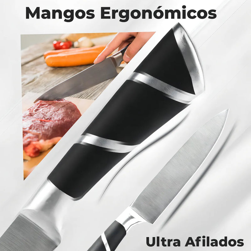 Juego de Cuchillos Profesionales Chef Master 807601 9 Piezas con Soporte Giratorio Acero Inoxidable