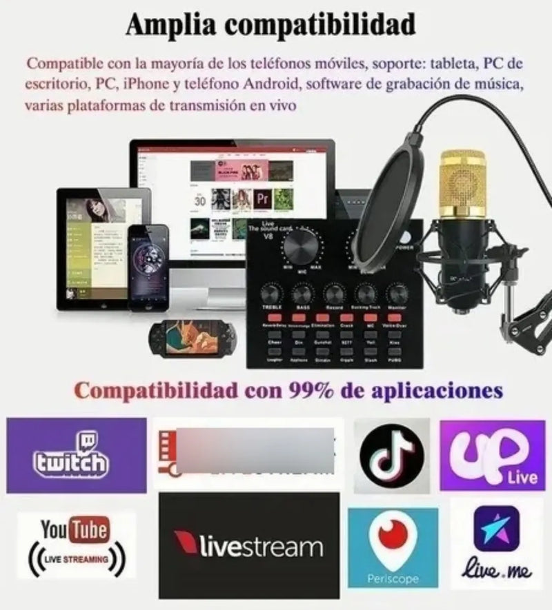 Micrófono Profesional Condensador+brazo+tarjeta Sonido V8 Dorado