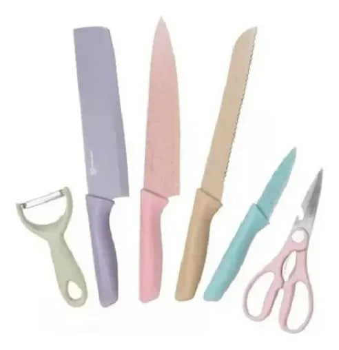 Juego Cuchillos Antiadherentes Cocina X6 Piezas + Tijeras Multicolor