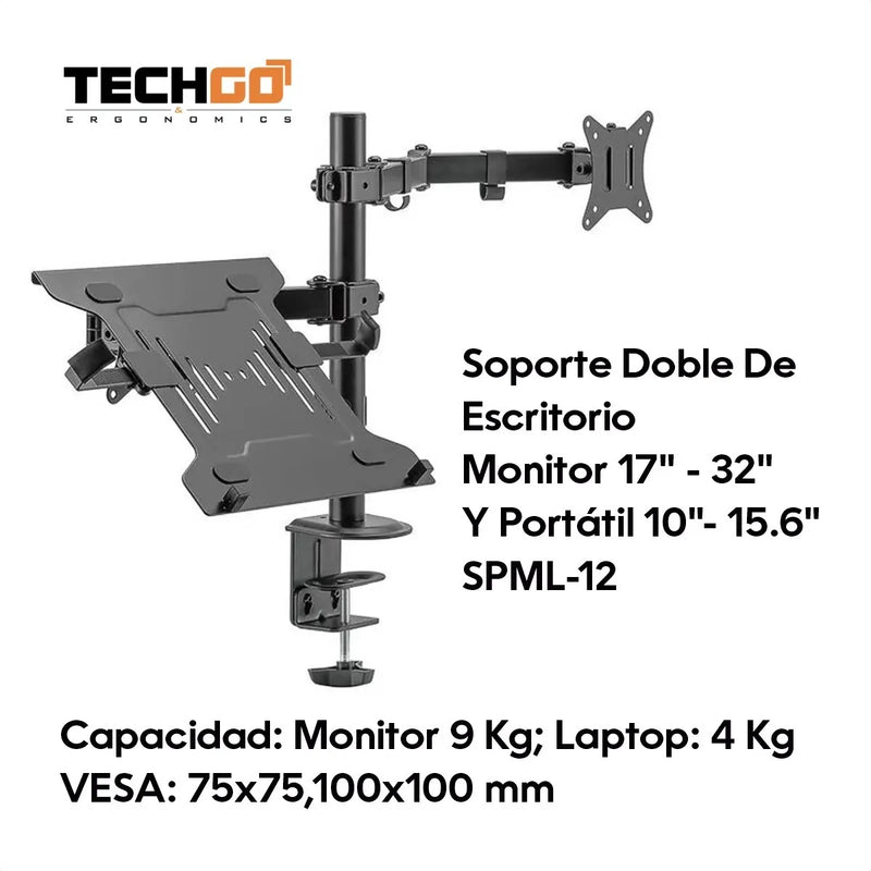 Soporte Dual Escritorio: Monitor + Portátil, Techgo Spml-12 Negro