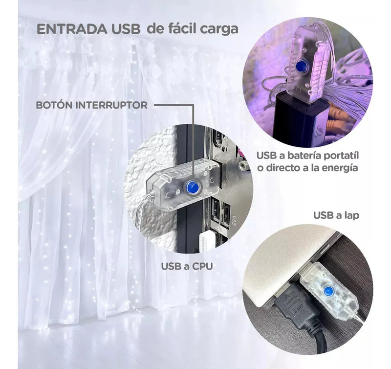 Luz Led Cortina 3x2 Mtr Cascada Luces Navidad Decoración Blanco