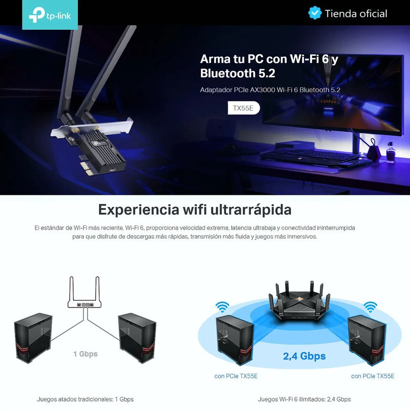 Tp-link, Tarjeta Pcie Wifi 6 Ax3000 + Bt 5.2, Archer Tx55e