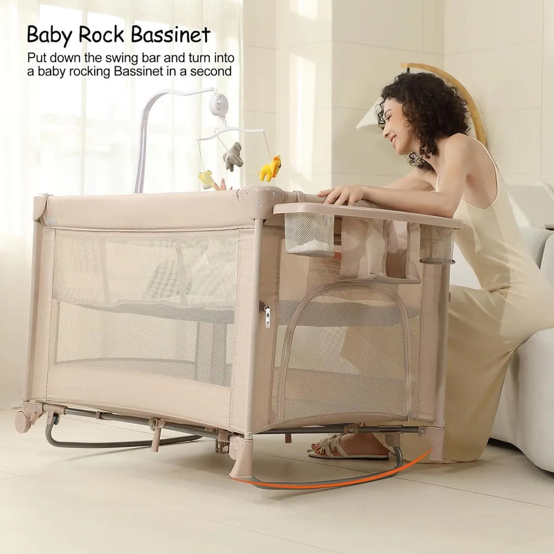 Cuna Plegable 5 En 1 Con Cambiador Y Música Beige