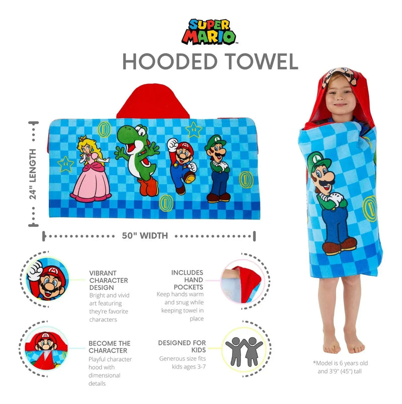 Toalla Con Capucha Super Mario Niños Baño Playa Piscina Azul