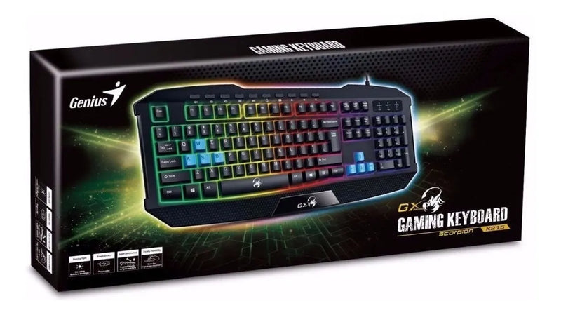 Teclado Genius QWERTY Membrana español color negro con luz de 7 colores