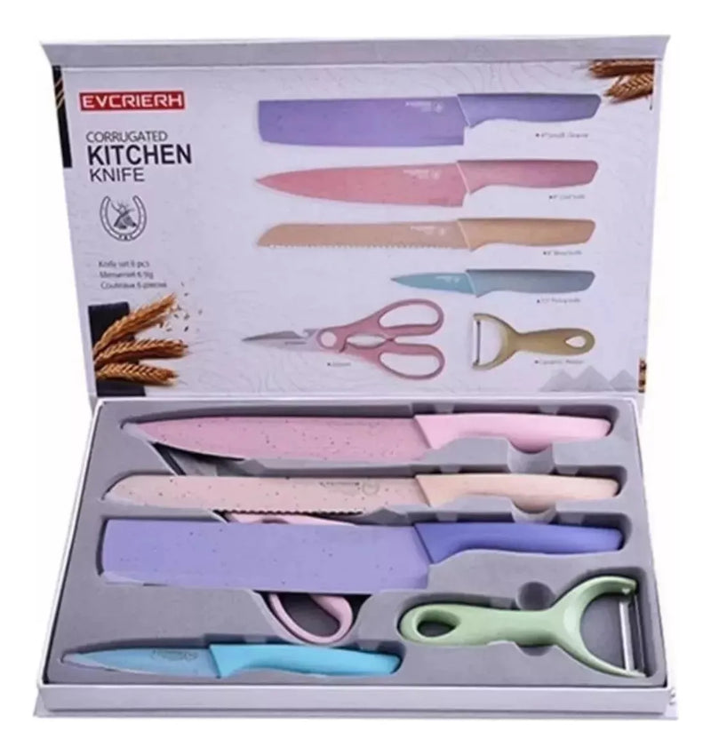 Juego De Cuchillos Set X6 Piezas Colores Pastel + Estuche Pateles