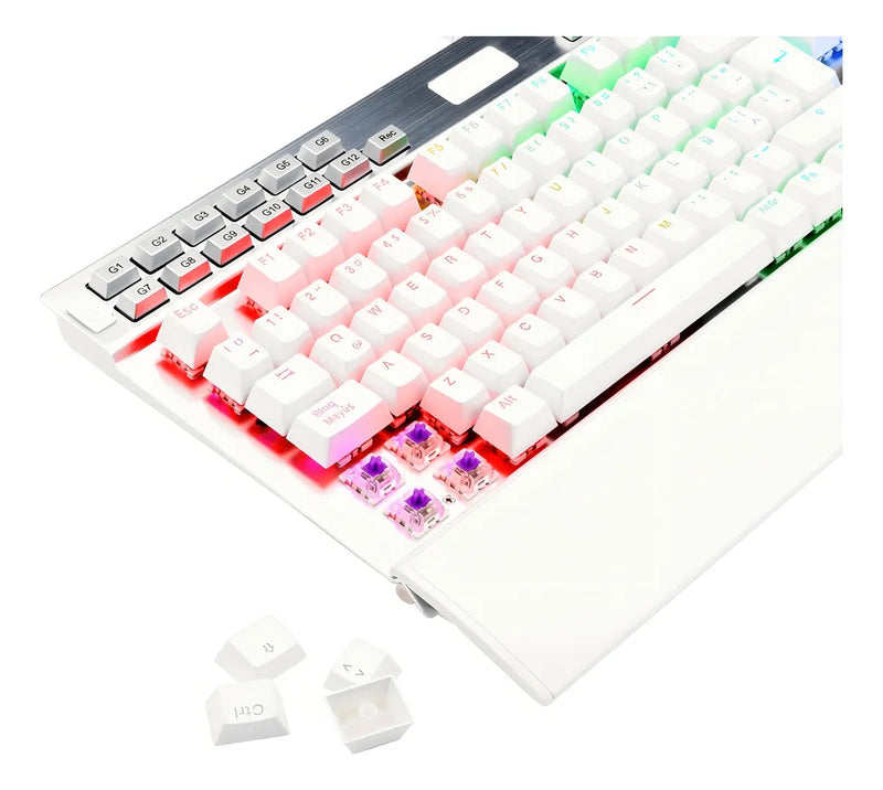 Teclado Redragon Yama QWERTY Outemu Purple español latinoamérica color blanco con luz RGB