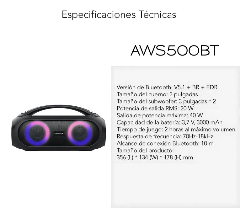 Parlante Portátil Aiwa Aws500bt Bluetooth Tws 40 W Rms