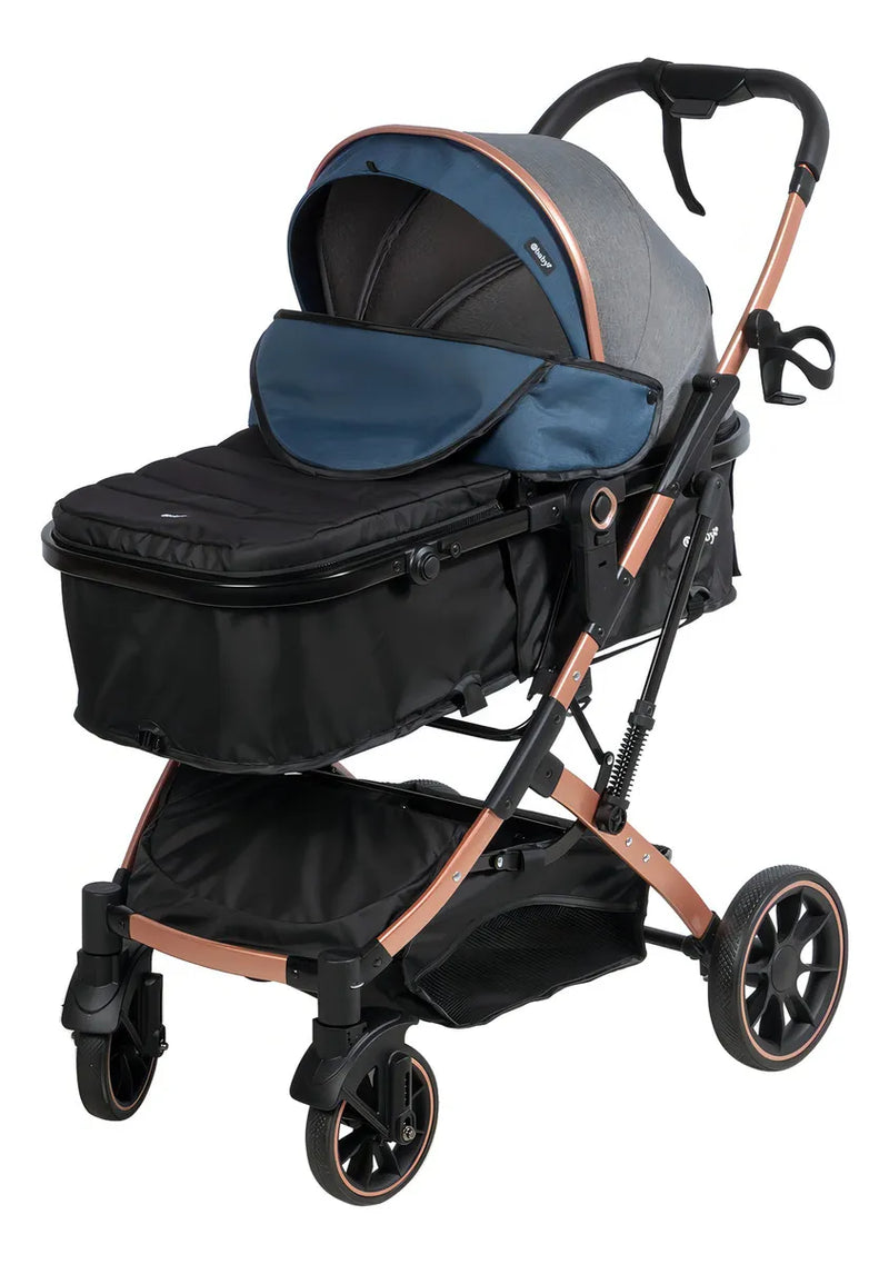 Coche Moisés Para Bebe Lujo 0 A 4 Años Ultra Liviano Color Negro - Azul Chasis Cobre