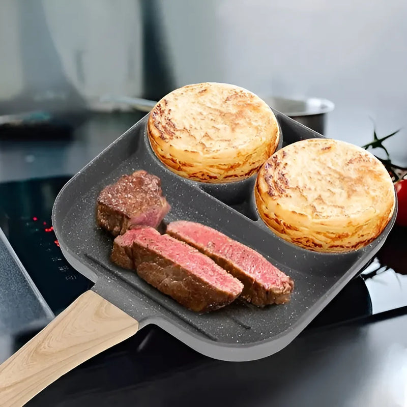 Sartén multiusos 3 en 1 con separadores para huevos y hamburguesas, color gris
