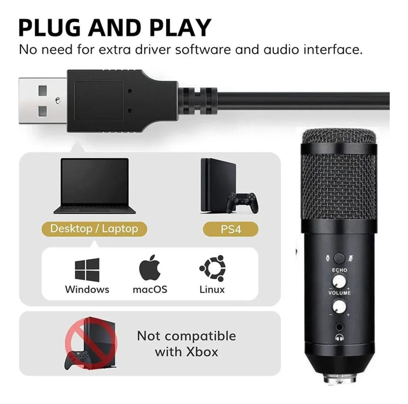 Grandioso Micrófono Condensador Usb Con Trípode Color Negro