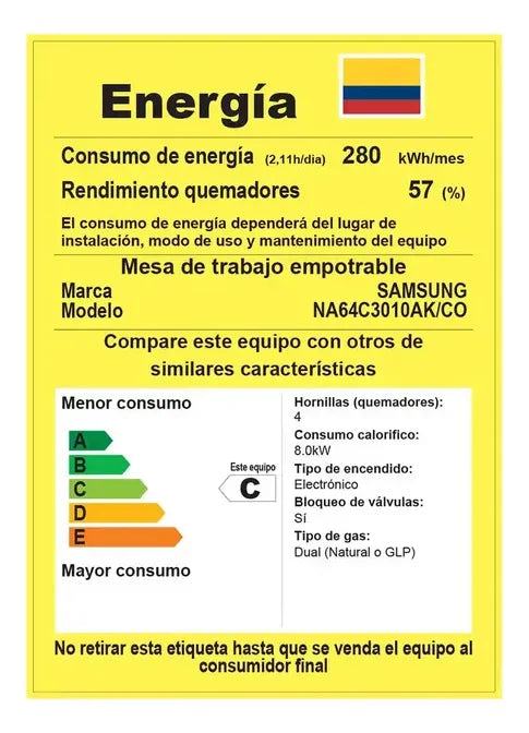 Estufa De Empotrar A Gas Samsung 60 Cm 4 Puestos Na64c3010ak Negro