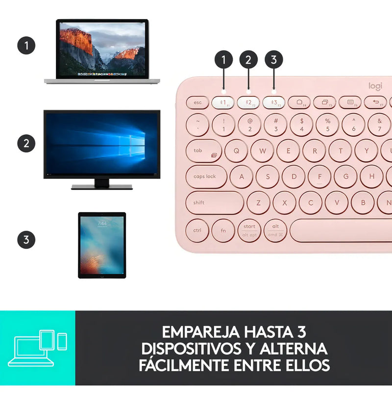Logitech K380 Teclado Bluetooth Multi dispositivo Rosado Color del teclado Rosa Idioma Español