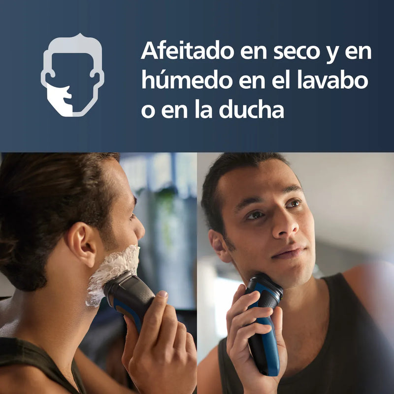Afeitadora Philips Shaver Serie 1000, Húmedo y Seco Máquina de Afeitar, 27 Cuchillas Auto Afilables PowerCut, Cabezales Flotantes 3D, Azul Malibu, Modelo S1151/00
