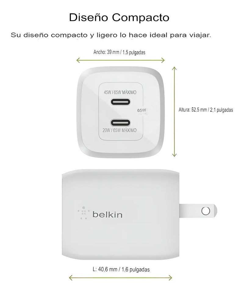 Cargador Pared Dual Belkin Usbc 65w Color Blanco