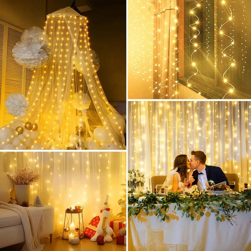 Cortina Serie De Luces Cascada Navideñas 300 Led 3x3 Usb Amarillo